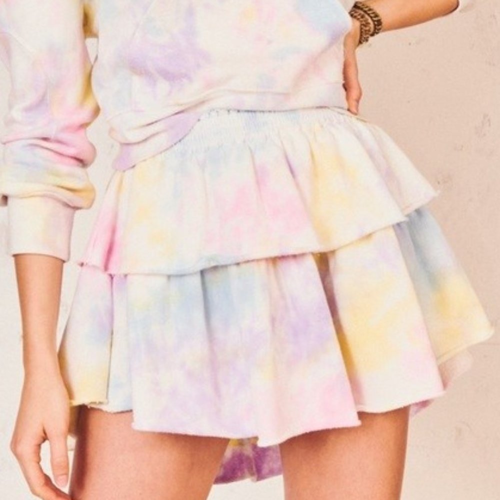 LOVESHACKFANCY Ruffle tie dye cotton tiered mini skirt in Unicorn Size Medium